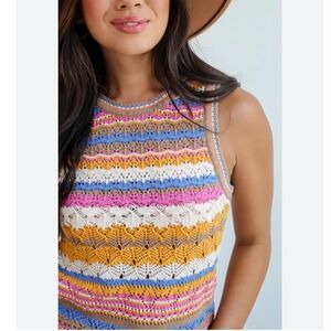 Altar'd State Bailee Crochet‎ Knit Tank Top Pink Multi Striped Sleeveless Casual
